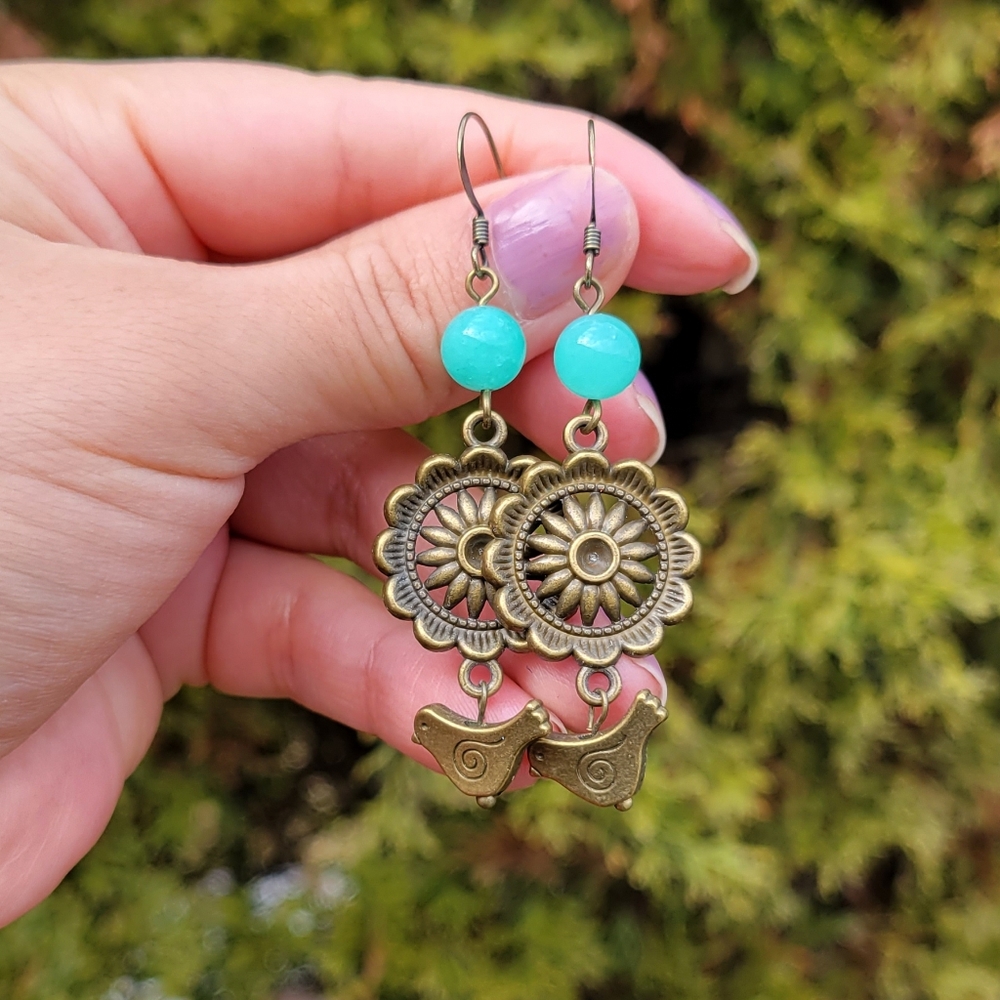 Vintage Antique Bronze and Turquoise Earrings - Picture 2 of 4